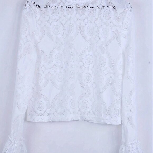 White Elegant Women's Stand Collar Patchwork Lace Long Sleeve Hollow Out Blouse - Picture 4 of 5